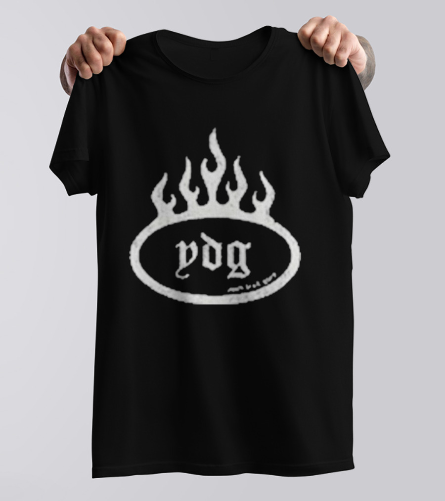 YDG Flame Oval With Gothic Script And Stylized Fire T-Shirt