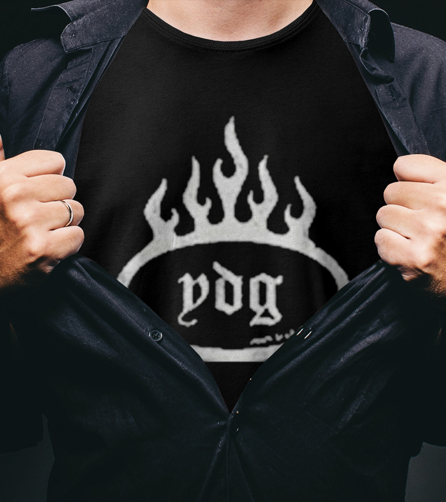YDG Flame Oval With Gothic Script And Stylized Fire T-Shirt
