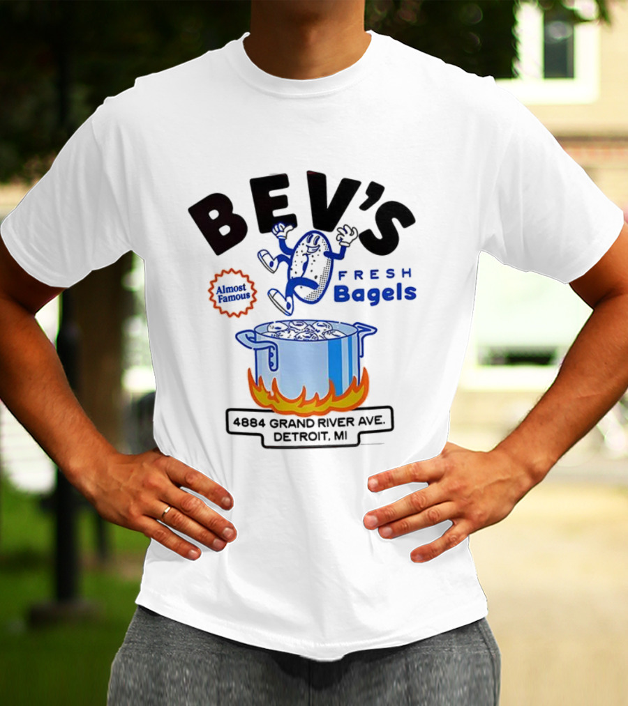 Bev’s Fresh Bagels 4884 Grand River Ave Detroit Animated Boiling Bagel Cartoon T-Shirt