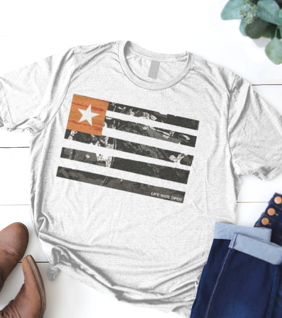 Life Wide Open American Flag Star Rustic Outdoors T-Shirt