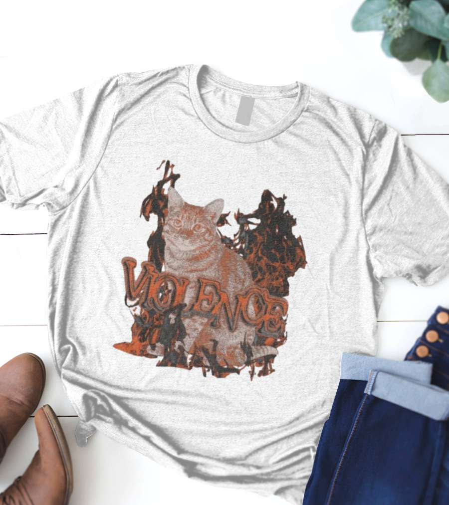 Violence Cat Flames Bold Typography Fiery Graphic T-Shirt
