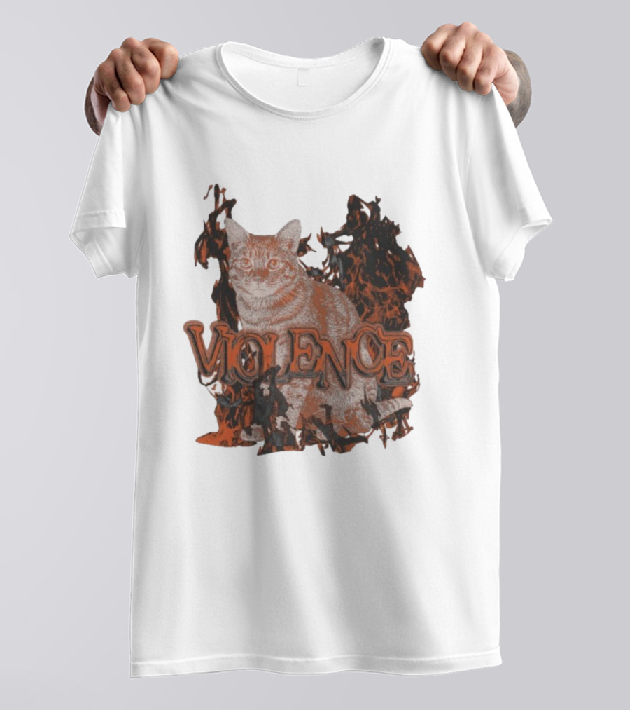 Violence Cat Flames Bold Typography Fiery Graphic T-Shirt