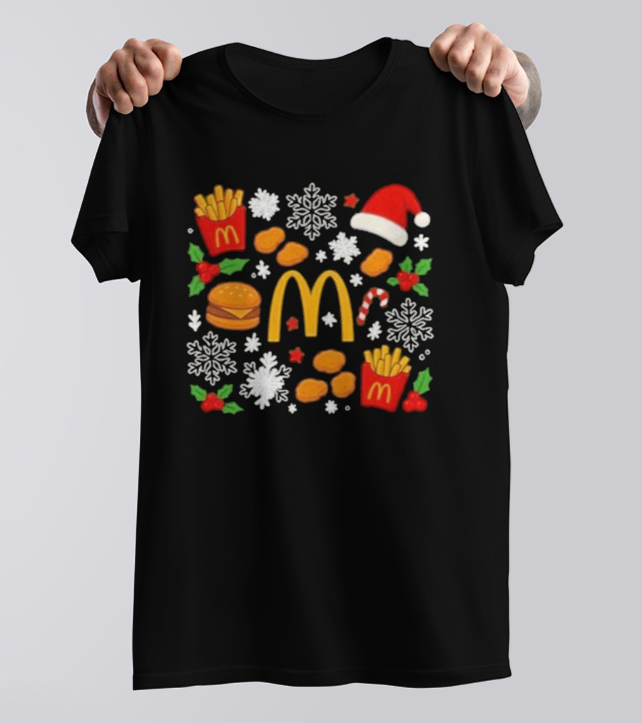 McDonald's Holiday Merry Christmas Fries Nuggets Snowflakes Candy Cane Santa Hat T-Shirt
