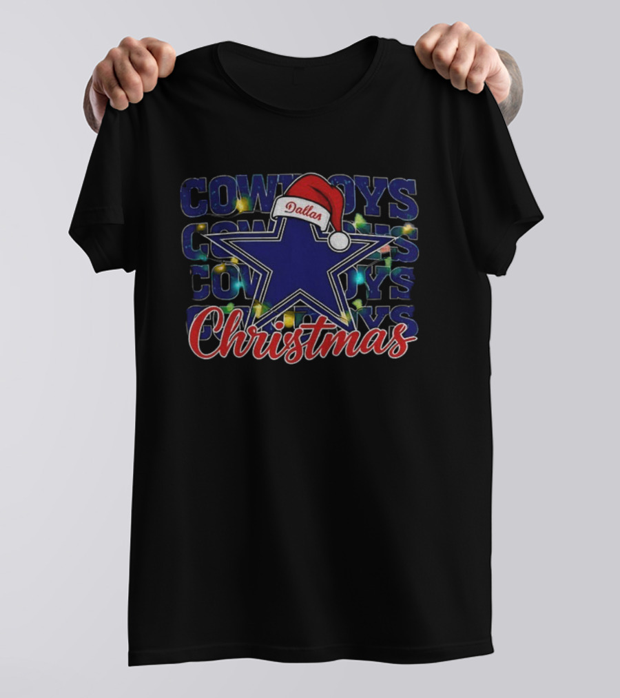 Cowboys Dallas Star Santa Hat Christmas Lights NFL Football Holiday T-Shirt