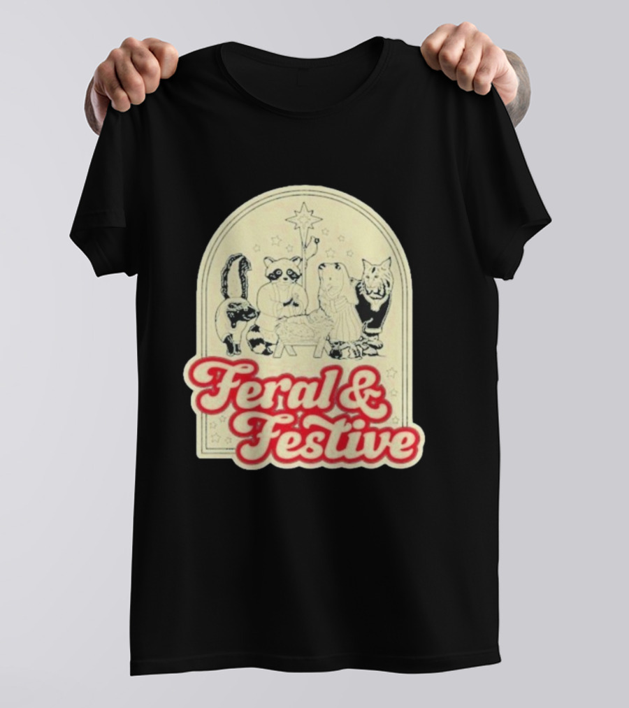 Feral And Festive Animal Nativity Scene Christmas Humor Raccoon Cat Skunk Ensemble T-Shirt
