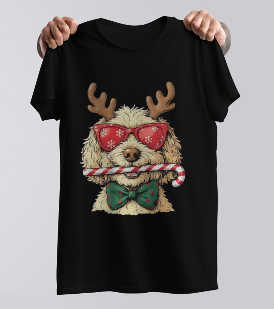 Goldendoodle Reindeer Antlers Candy Cane Snowflake Sunglasses Christmas Bow Tie T-Shirt