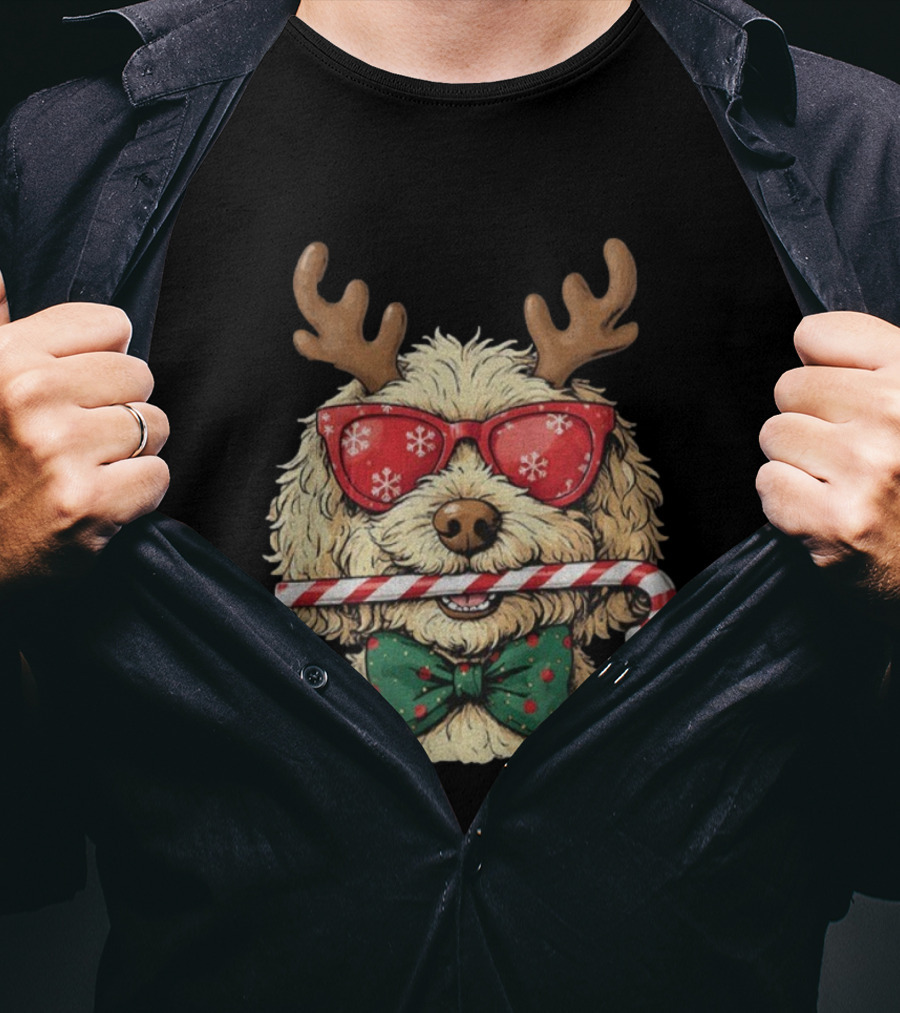 Goldendoodle Reindeer Antlers Candy Cane Snowflake Sunglasses Christmas Bow Tie T-Shirt
