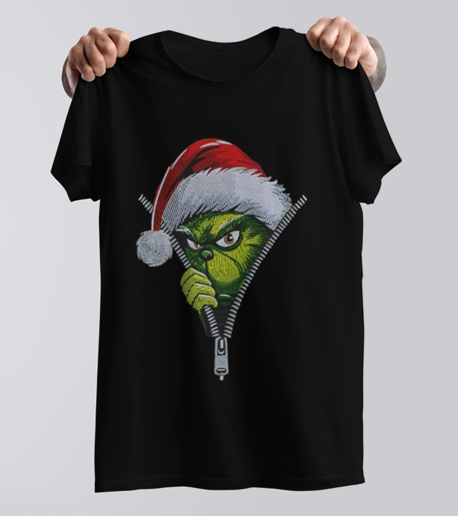 Grinch Santa Hat Christmas Zipper Peeker T-Shirt