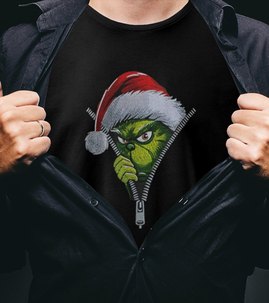 Grinch Santa Hat Christmas Zipper Peeker T-Shirt