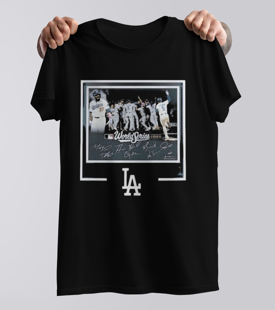Los Angeles Dodgers 2025 World Series Autographed Team Signatures T-Shirt