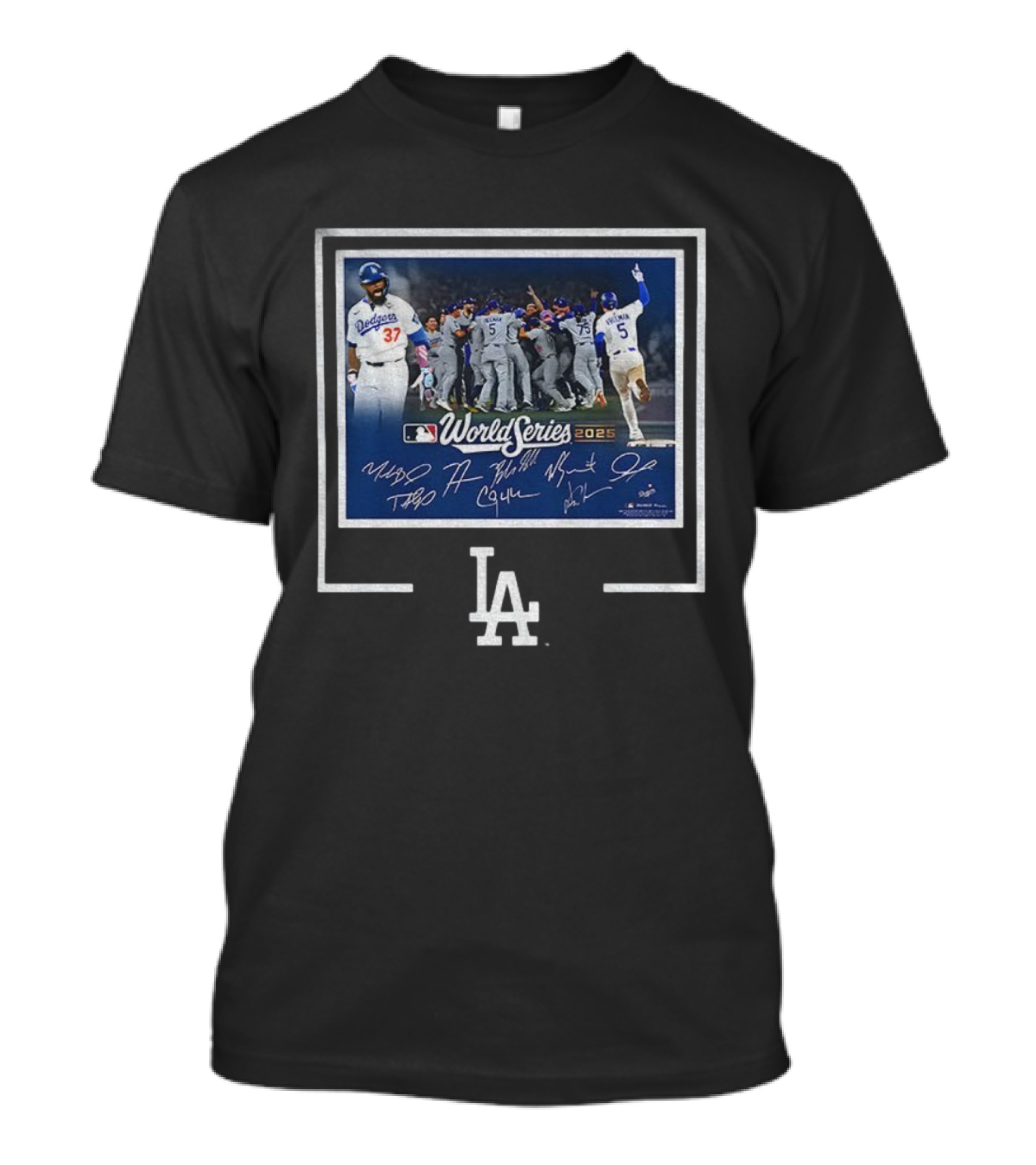 Los Angeles Dodgers 2025 World Series MLB Champions Autographed Photo Dodgers Team Celebration T-Shirt