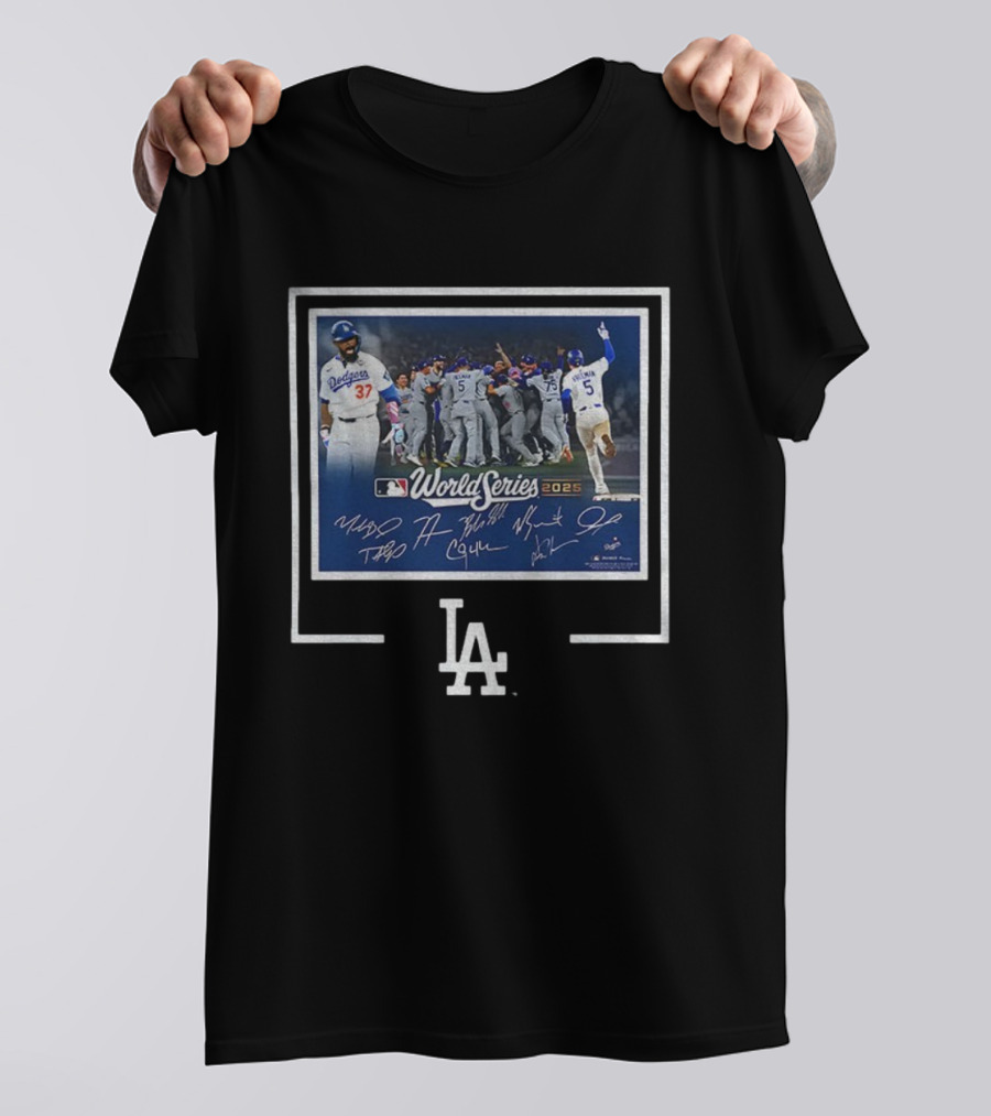 Los Angeles Dodgers 2025 World Series MLB Champions Autographed Photo Dodgers Team Celebration T-Shirt