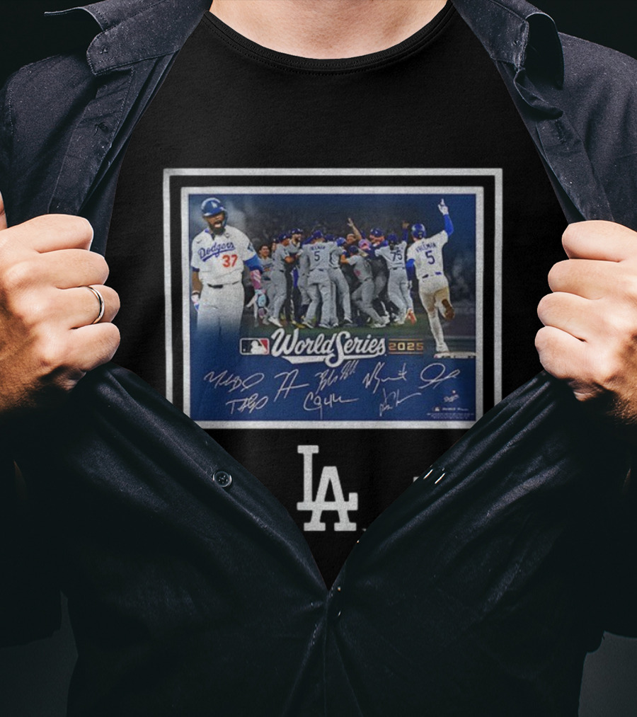 Los Angeles Dodgers 2025 World Series MLB Champions Autographed Photo Dodgers Team Celebration T-Shirt