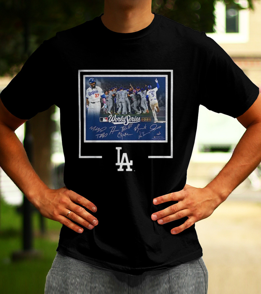 Los Angeles Dodgers 2025 World Series MLB Champions Autographed Photo Dodgers Team Celebration T-Shirt