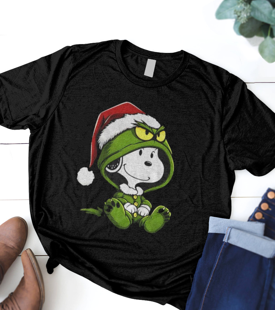 Snoopy Grinch Santa Hat Cute Cartoon Merry Christmas T-Shirt