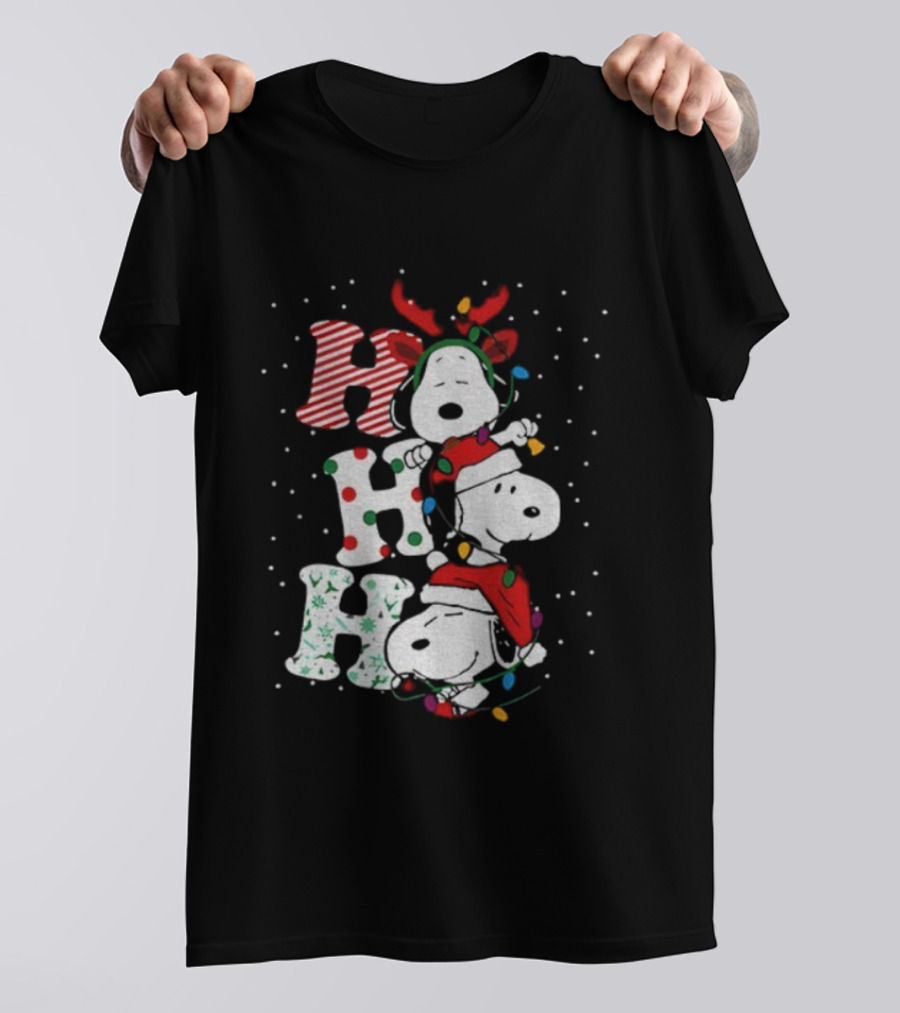 Snoopy Ho Ho Ho Santa Hat Reindeer Antlers Christmas Lights Snowflakes 2025 T-Shirt
