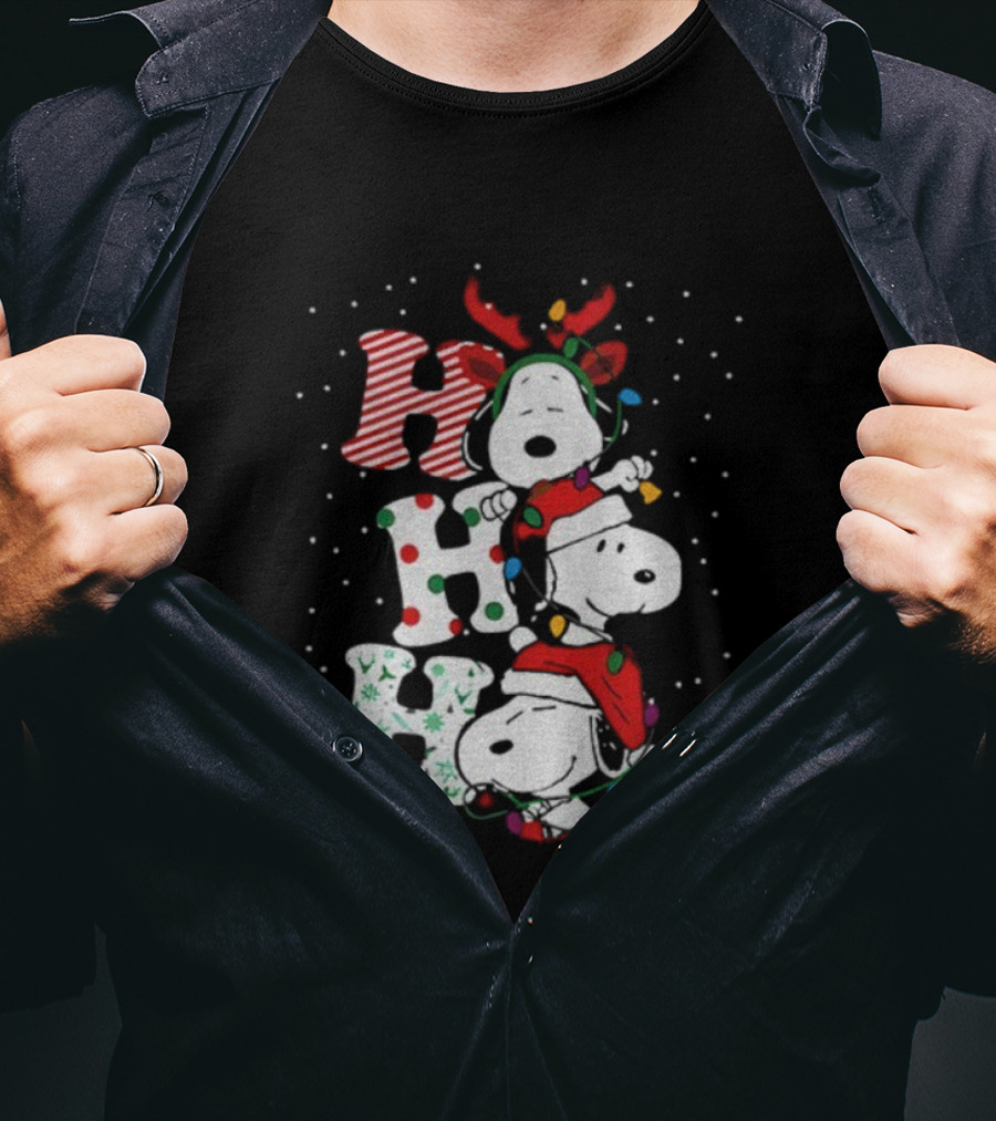 Snoopy Ho Ho Ho Santa Hat Reindeer Antlers Christmas Lights Snowflakes 2025 T-Shirt