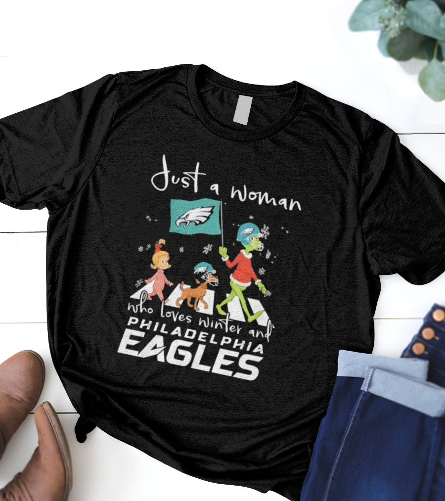 Just A Woman Who Loves Winter Philadelphia Eagles Grinch Cindy Lou Who Max Abbey Road Christmas T-Shirt