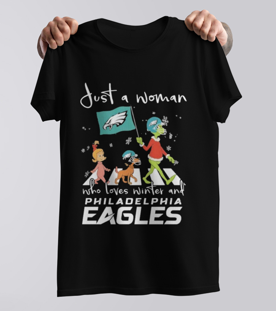 Just A Woman Who Loves Winter Philadelphia Eagles Grinch Cindy Lou Who Max Abbey Road Christmas T-Shirt