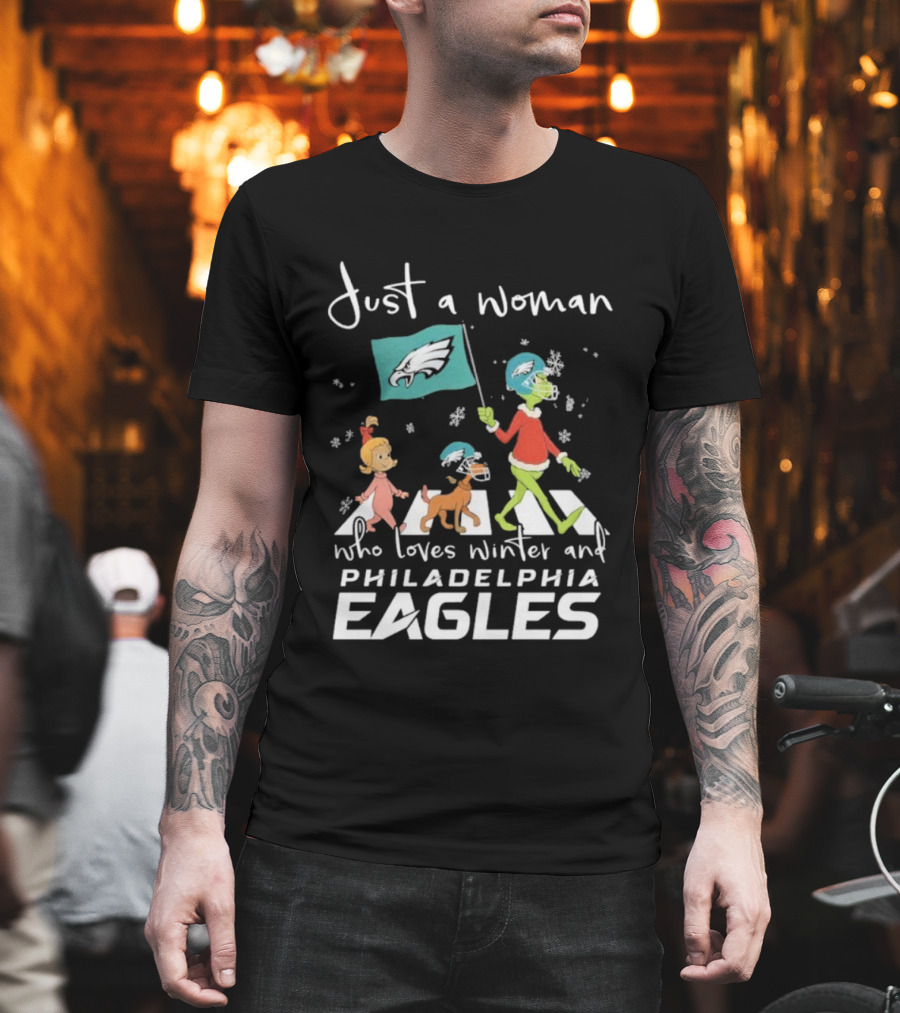 Just A Woman Who Loves Winter Philadelphia Eagles Grinch Cindy Lou Who Max Abbey Road Christmas T-Shirt