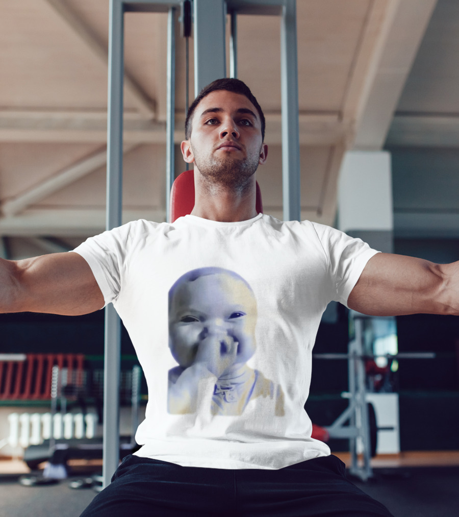 AI Baby Holding Laugh Meme Blue Tones T-Shirt