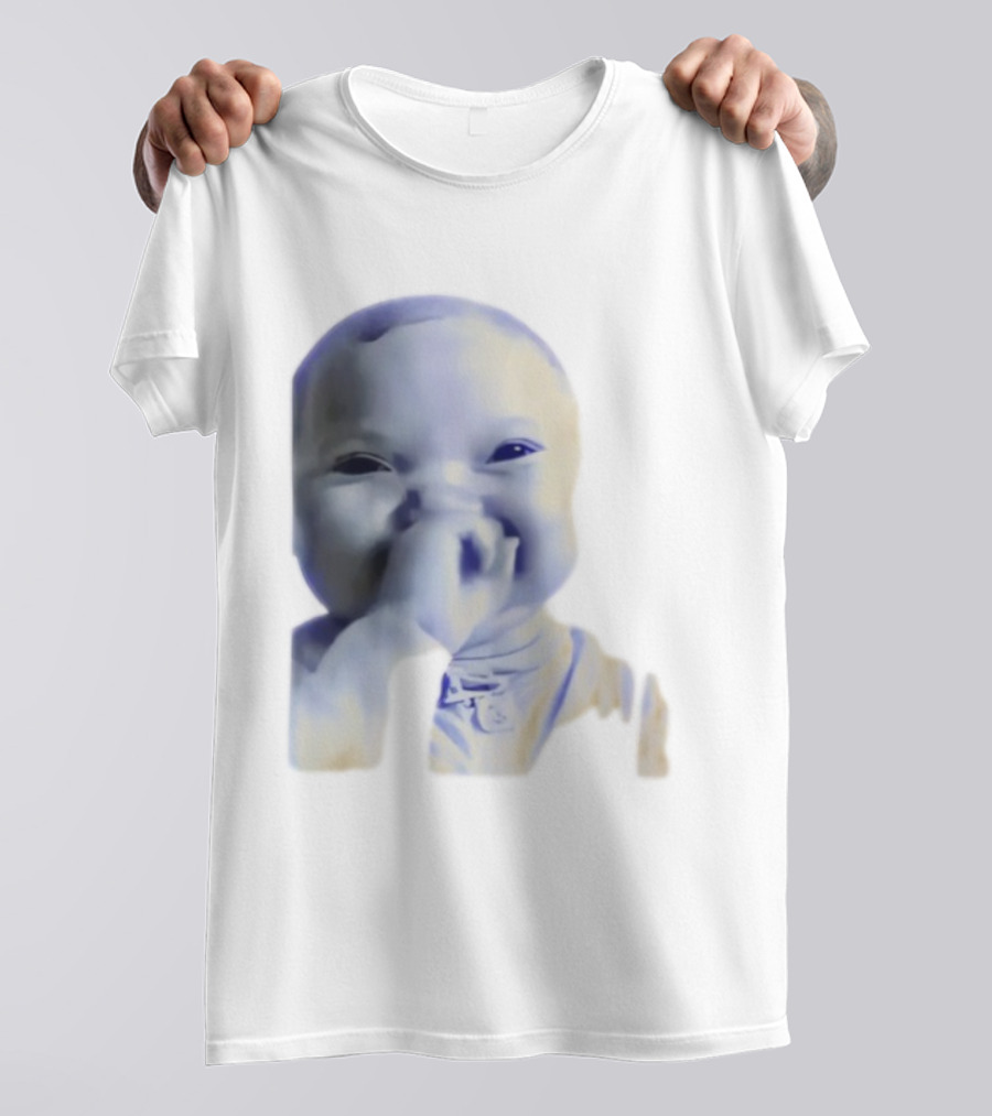 AI Baby Holding Laugh Meme Blue Tones T-Shirt