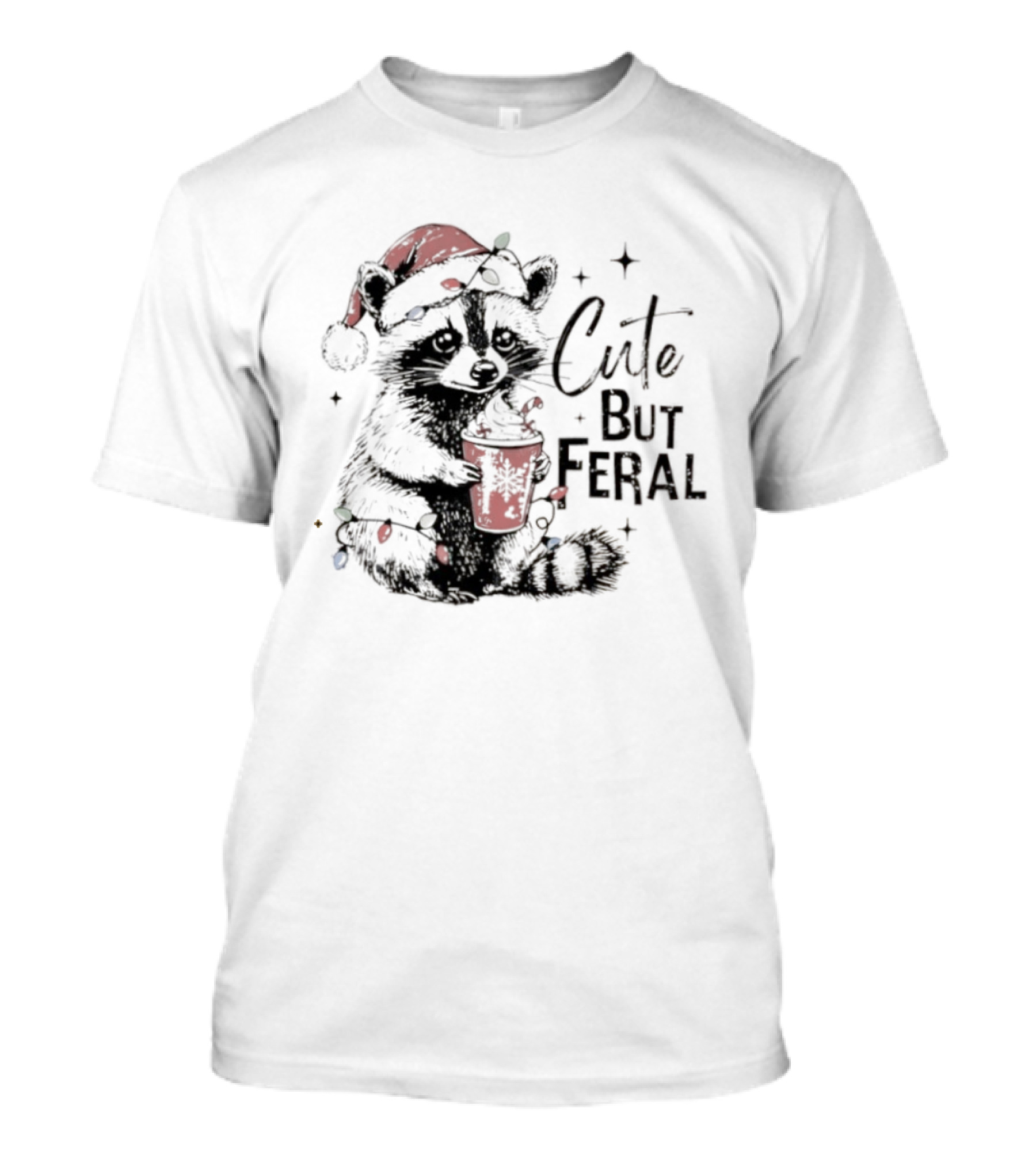 Cute But Feral Christmas Raccoon Santa Hat Lights Hot Cocoa T-Shirt