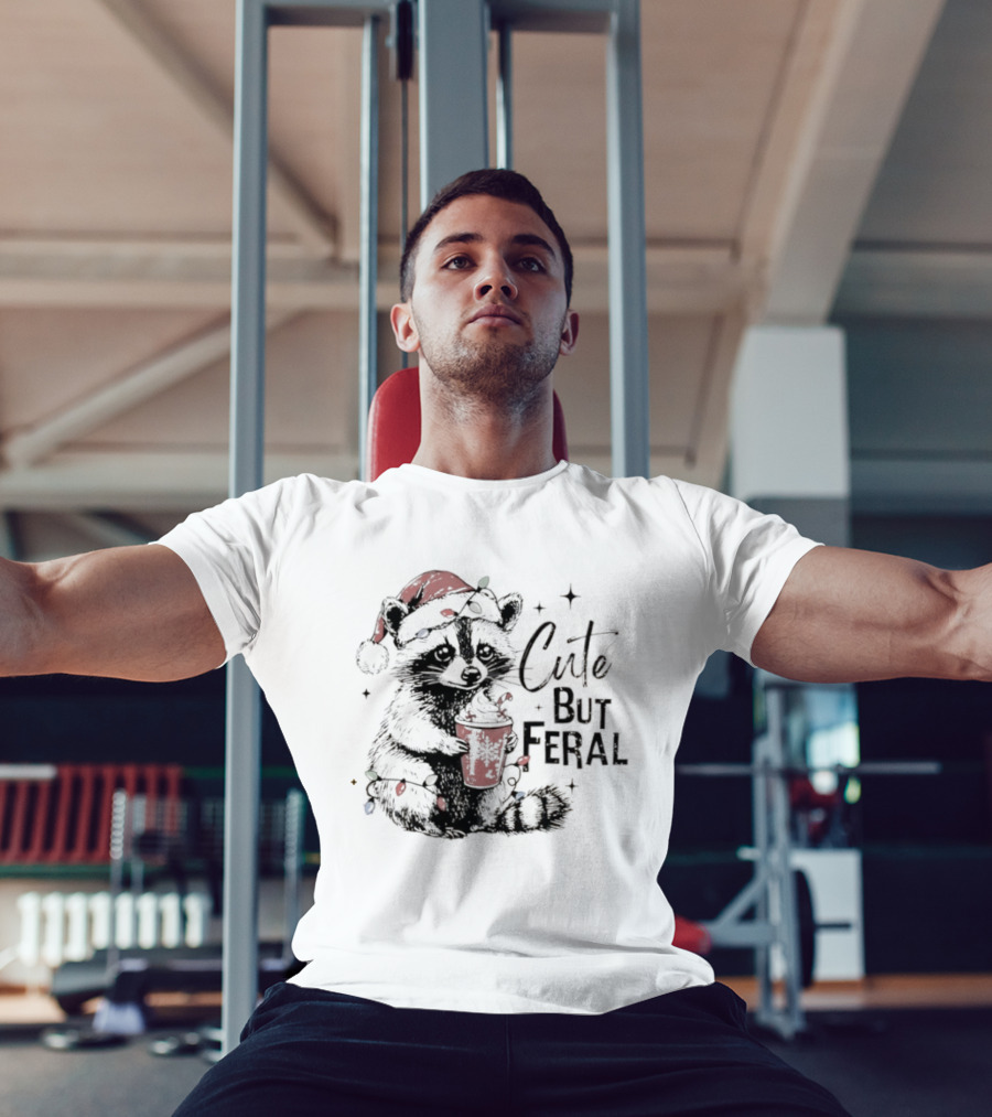 Cute But Feral Christmas Raccoon Santa Hat Lights Hot Cocoa T-Shirt