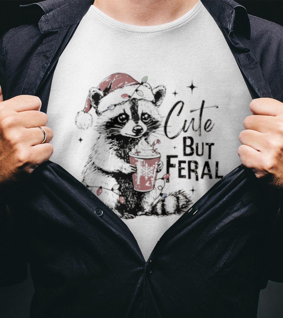 Cute But Feral Christmas Raccoon Santa Hat Lights Hot Cocoa T-Shirt