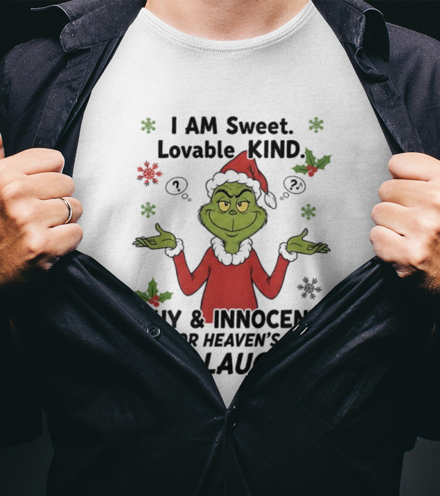 Grinch Santa Hat Sweet Lovable Kind Shy Innocent Stop Laughing T-Shirt