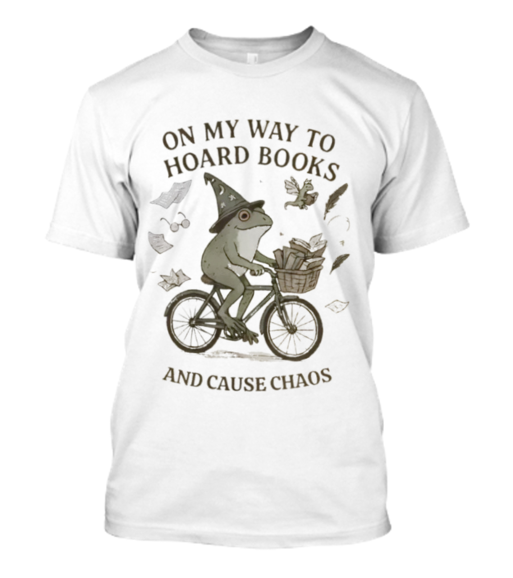 On My Way To Hoard Books And Cause Chaos Frog Riding Bike With Leaves T-Shirt