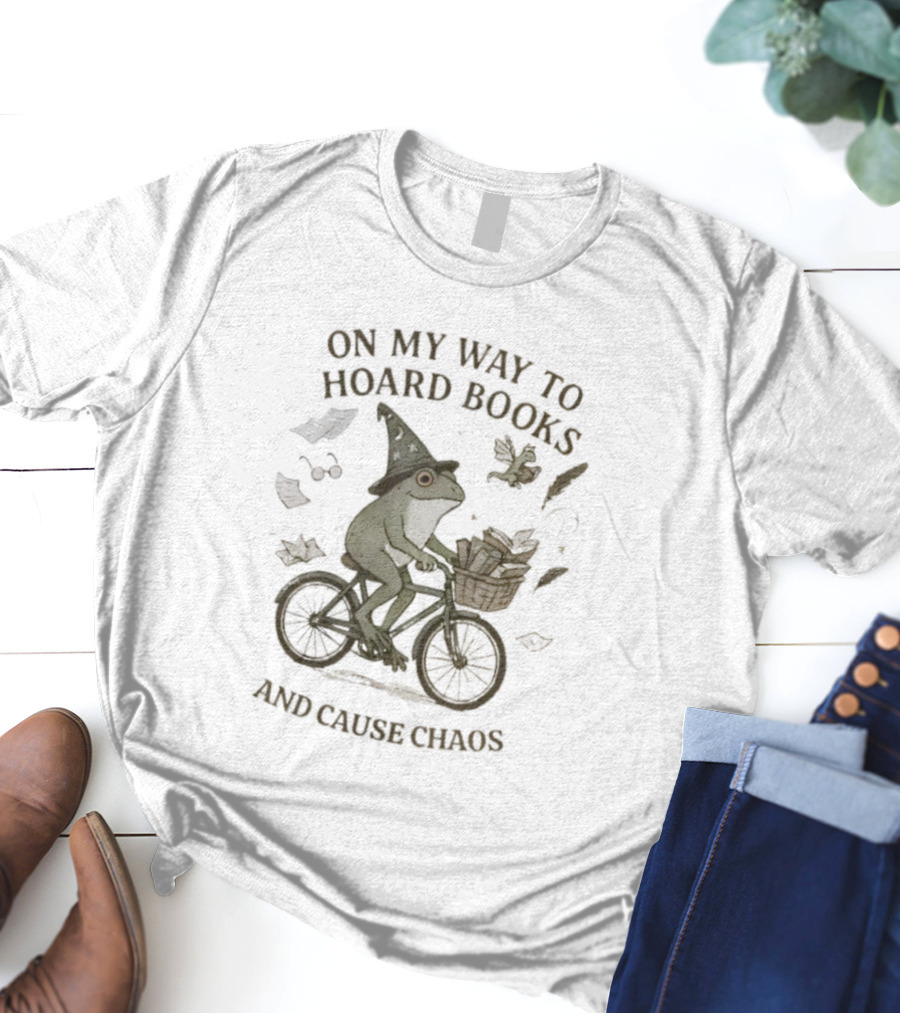 On My Way To Hoard Books And Cause Chaos Frog Riding Bike With Leaves T-Shirt