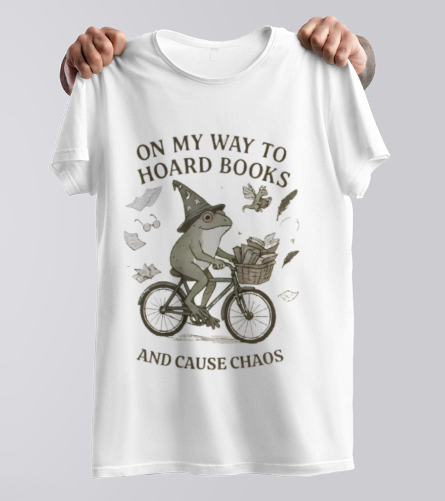 On My Way To Hoard Books And Cause Chaos Frog Riding Bike With Leaves T-Shirt