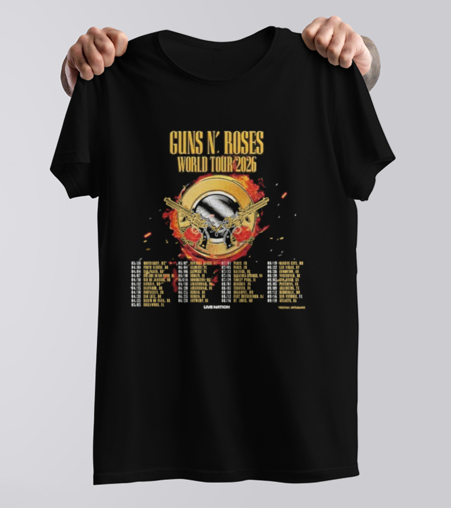 Guns N Roses World Tour 2026 Dates Skull And Pistols Flame Logo T-Shirt