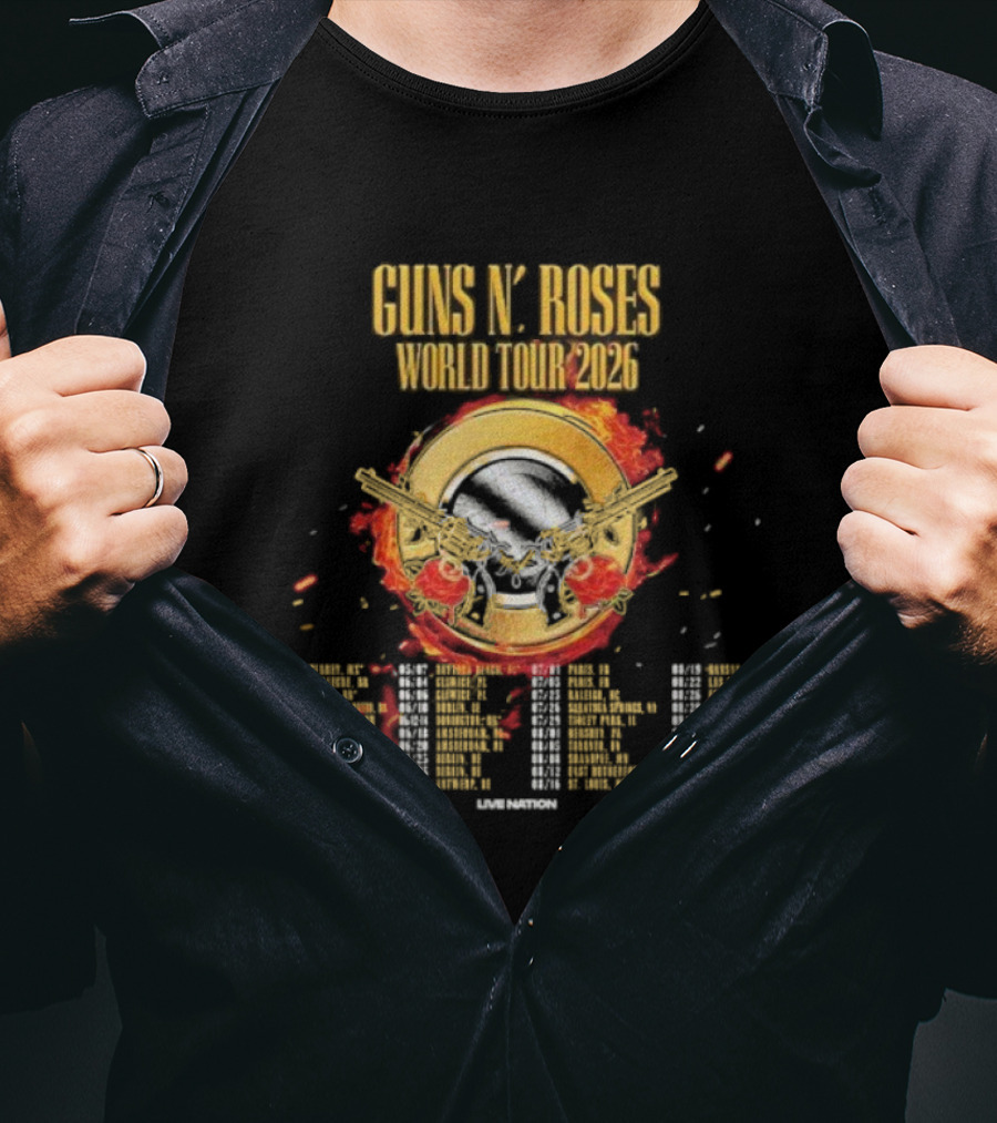Guns N Roses World Tour 2026 Dates Skull And Pistols Flame Logo T-Shirt