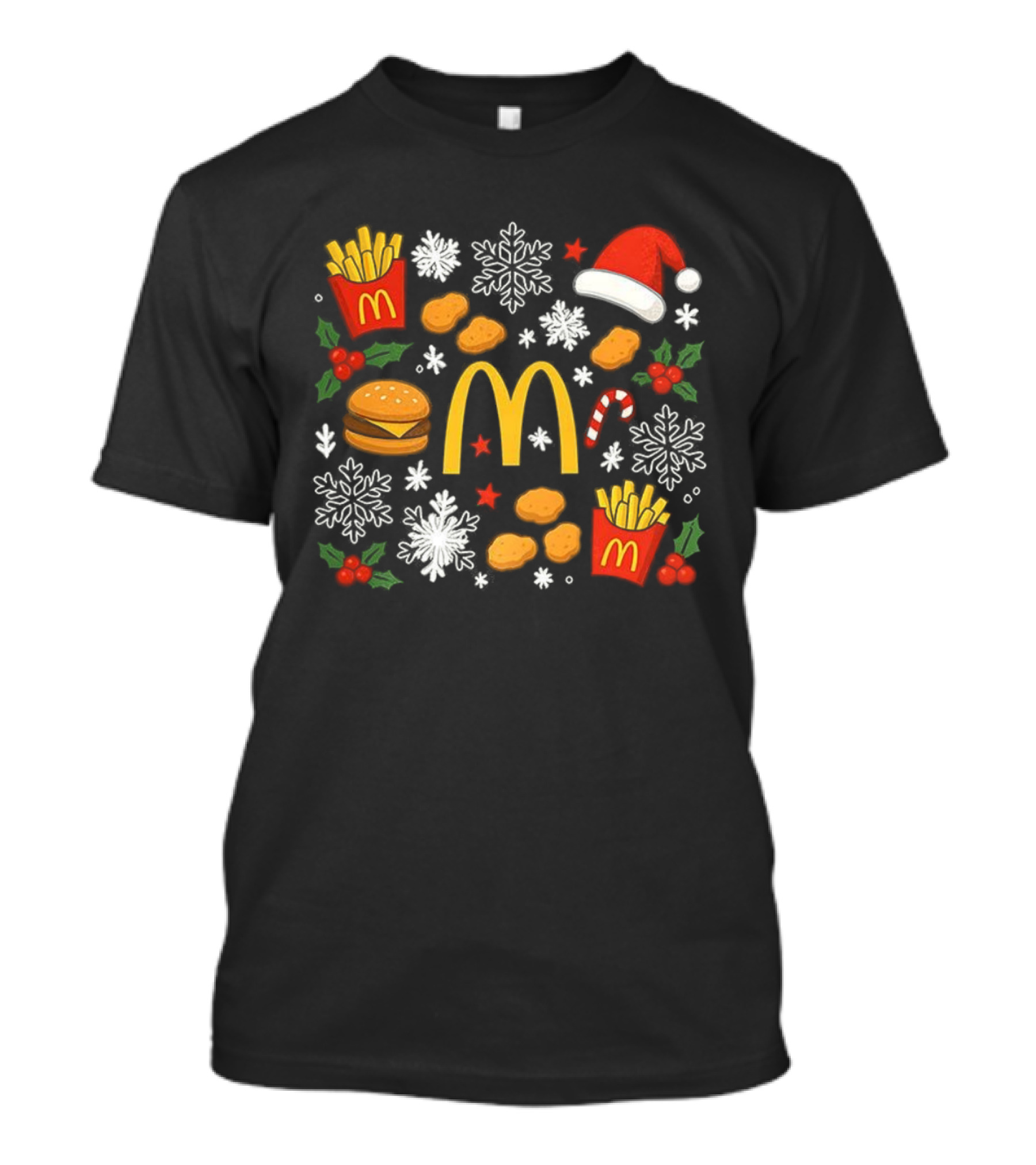 McDonald’s French Fries Chicken Nuggets Burgers Christmas Santa Hat Snowflakes Candy Cane T-Shirt