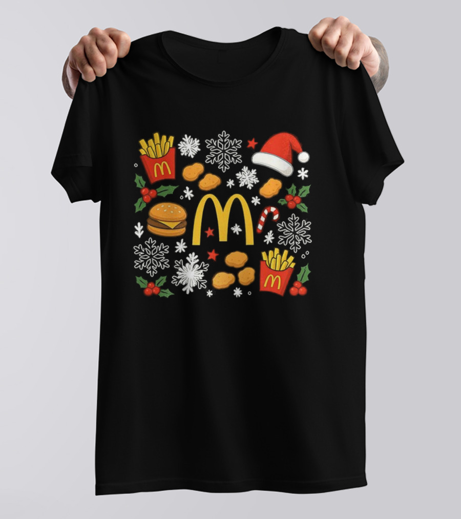 McDonald’s French Fries Chicken Nuggets Burgers Christmas Santa Hat Snowflakes Candy Cane T-Shirt