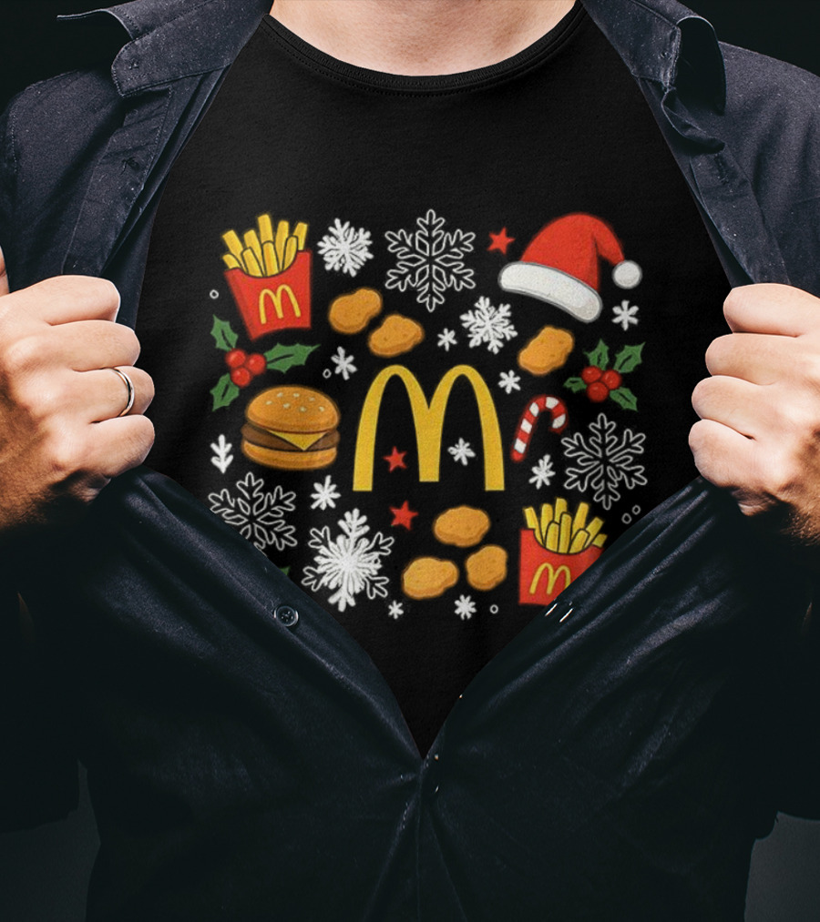 McDonald’s French Fries Chicken Nuggets Burgers Christmas Santa Hat Snowflakes Candy Cane T-Shirt