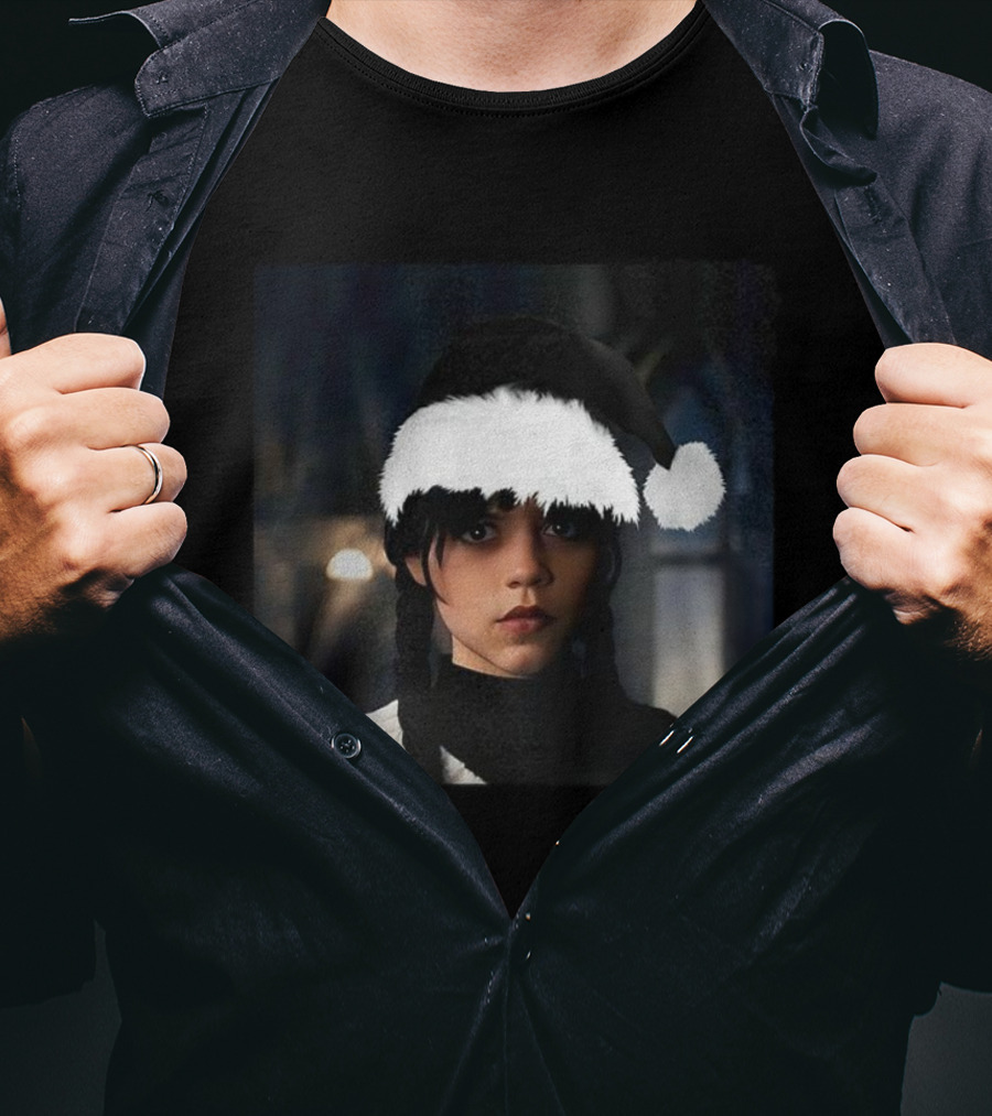 Wednesday Addams Santa Hat Christmas Holiday Mashup T-Shirt