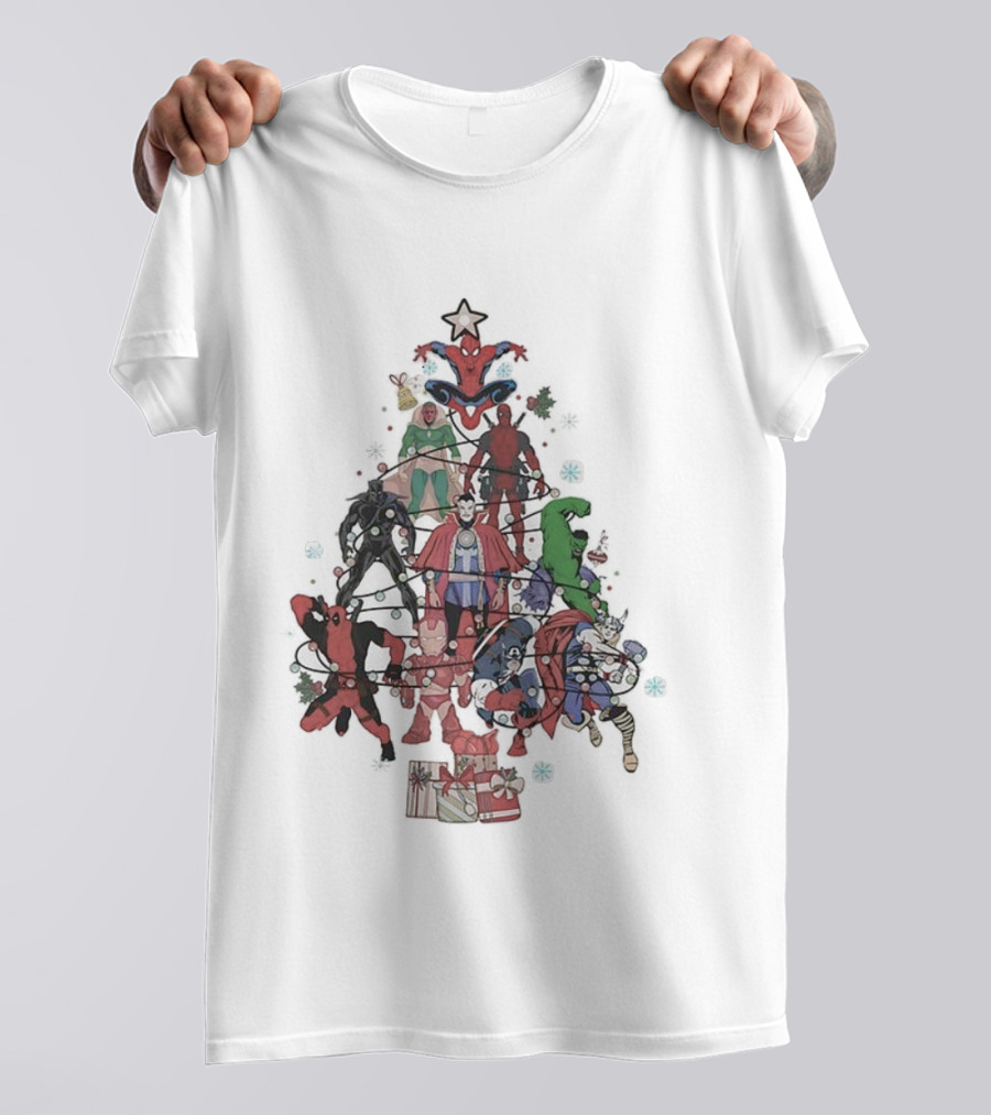 Marvel Superheroes Christmas Tree With Iconic Characters And Festive Star Topper T-Shirt