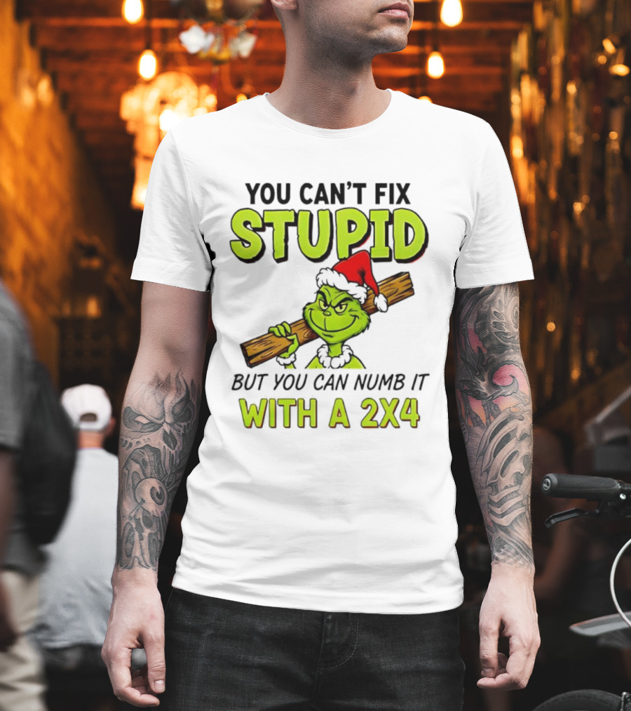 You Can't Fix Stupid Grinch Santa Hat Numb It With A 2x4 T-Shirt