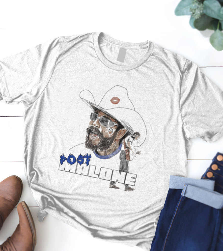 Post Malone Cowboy Hat Blue Flame Portrait T-Shirt