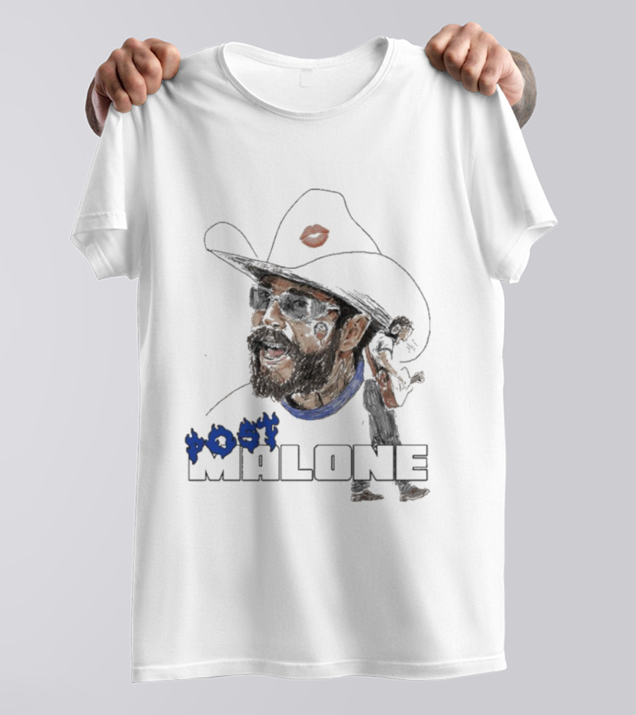 Post Malone Cowboy Hat Blue Flame Portrait T-Shirt