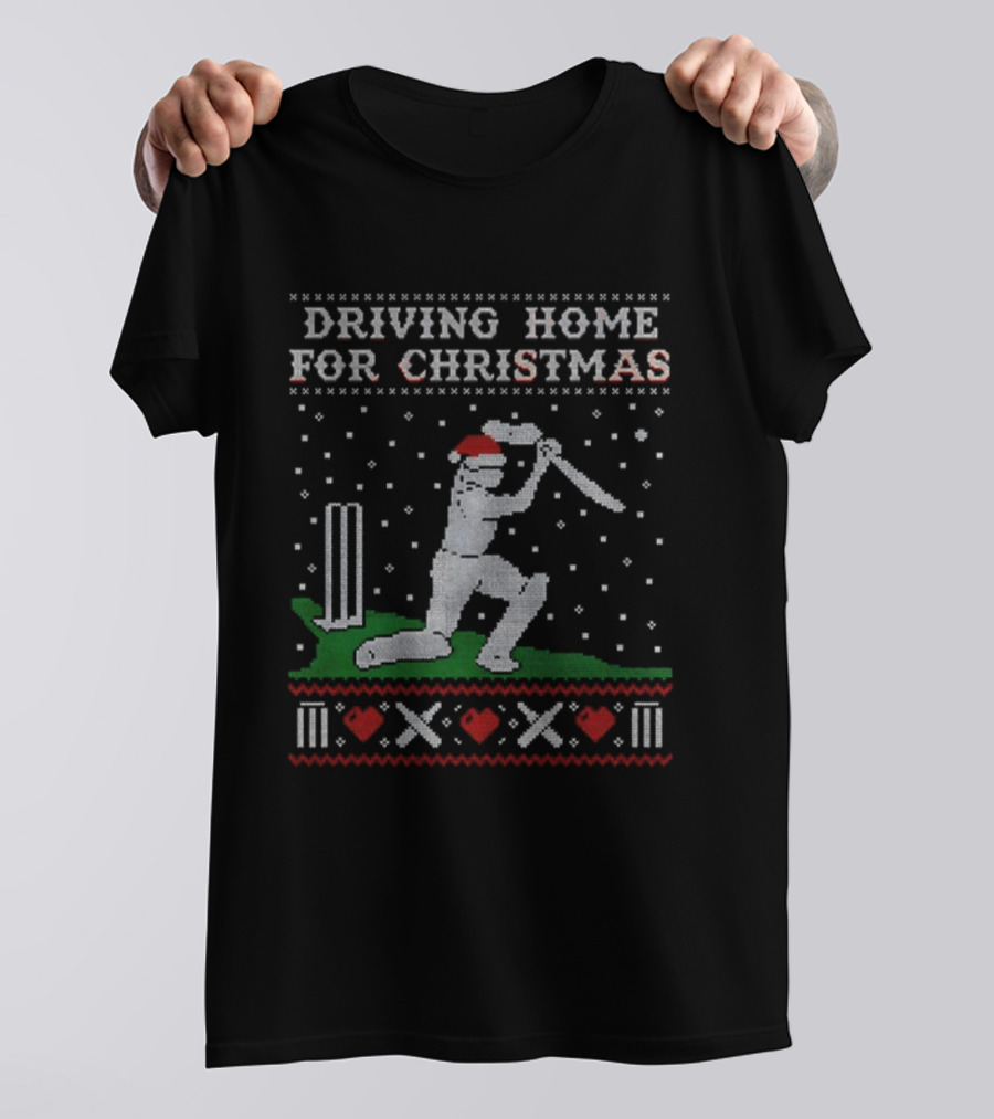 Driving Home For Christmas Cricket Player Santa Hat Snowflakes T-Shirt