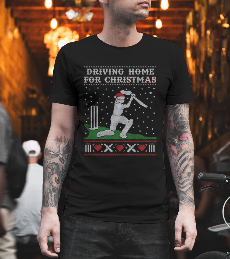 Driving Home For Christmas Cricket Player Santa Hat Snowflakes T-Shirt