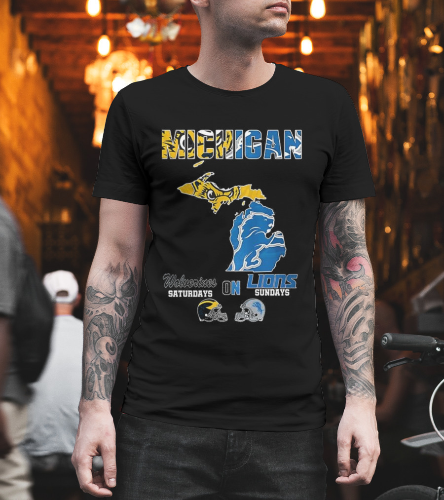Michigan Wolverines Saturdays Detroit Lions Sundays Map T-Shirt