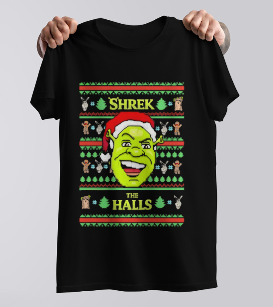 Shrek The Halls Christmas Ugly Sweater Design With Donkey And Santa Hat T-Shirt