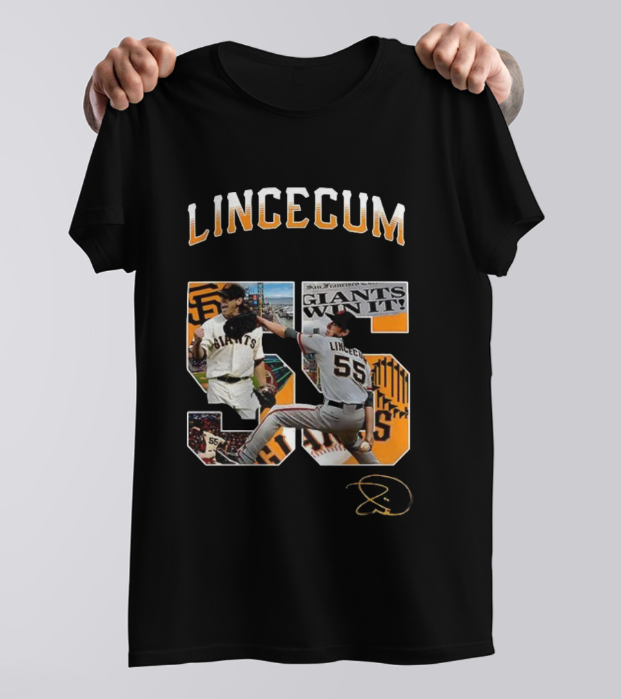 Lincecum Giants Number 55 Giants Win Orange Black Signature T-Shirt