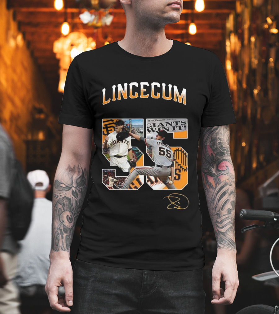Lincecum Giants Number 55 Giants Win Orange Black Signature T-Shirt