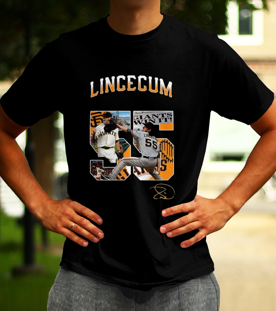 Lincecum Giants Number 55 Giants Win Orange Black Signature T-Shirt